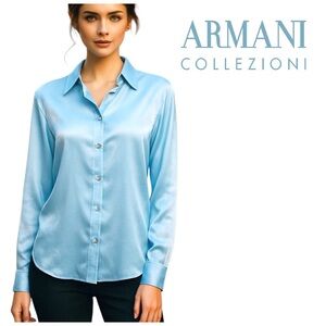 Armani Collezioni Silk Button Down Shirt. Light Blue. Size 6